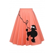 Trendy Womens Flared Skirt Cartoon Print Pleated Midi Skirt
