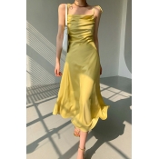 Elegant Girls Cami Solid Color Spaghetti Straps Draped Bow Midi Flare Dress