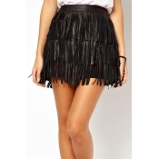 Street Look Girls Skirt Plain PU Leather Tassel Mini A-Line Skirt