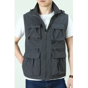 Modern Guys Vest Stand Collar Plain Zip Closure Pocket Detail Regular Fit Vest with Hood