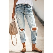 Cool Womens Jeans Midwash Blue Zip Closure Mid Rise Cut-Outs Turn Up Straight Denim Pants