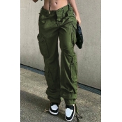 Stylish Cargo Pants Solid Color Flap Pockets Zipper Fly Drawstring Cuffs Wide Leg Denim Pants for Women