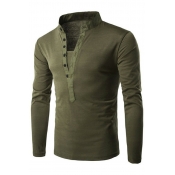 Men's Casual T-Shirt Pure Color Long Sleeve Button Detail Stand Collar Regular Fit T-Shirt