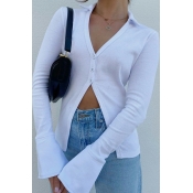 Sexy Ladies Sweater Plain V-Neck Button Down Long Flared Sleeve Cardigan