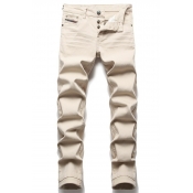 Modern Mens Jeans Solid Color Medium Wash Zipper Placket Full Length Slim Fit Jeans in Khaki
