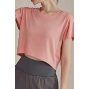 Leisure Womens T-Shirt Plain Round Neck Short Sleeve Cropped Gym T-Shirt