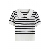 Stylish Ladies Polo Shirt Stripe Pattern Spread Collar Rib Hem Knitted Polo Shirt