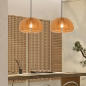 1 Light Wood Drum Ceiling Pendant Light Modern Suspension Light for Dinning Room