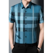 Trendy Shirt Plaid Pattern Turn-down Collar Slim Fit Short-Sleeved Button Closure Shirt