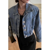 Stylish Womens Jacket Plain Lapel Collar Single Breasted Long Sleeve Cropped Denim Jacket