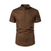 Comfortable Mens Shirt Plain Short Sleeve Stand Collar Regular Fit Button Shirt