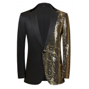 Men Elegant Suit Blazer Contrast Panel Sequin Detail Lapel Collar Single Button Suit Blazer