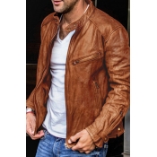 Casual Mens Jacket Plain Pocket Detail Stand Collar Zip Closure Leather Jacket