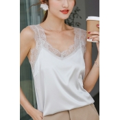 Trendy Lace Cami Tee Solid Color V Neck Satin Cami Top for Ladies