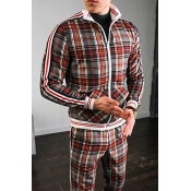 Boy's Hot Co-ords Plaid Pattern Stand Collar Long Sleeves Hoodie with Tapered Pants Set