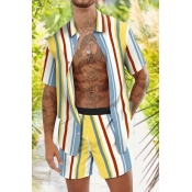 Fancy Mens Co-ords Tribal Print Turn-Down Collar Single Breasted Short Sleeve Shirt with Shorts Two Piece Set