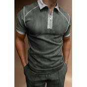 Urban Men Polo Shirt Color Block Zip Detail Spread Collar Short Sleeve Polo Shirt