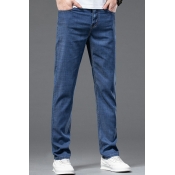 Simple Mens Plain Jeans Medium Wash Pocket Detail Zipper Placket Jeans