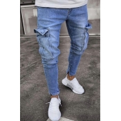 Casual Guys Jeans Pure Color Full Length Mid Rise Flap Pocket Zip Fly Jeans for Men