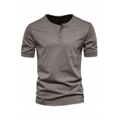 Daily Solid Color T-Shirt Short Sleeve Crew Neck Button Detail Regular Fit T-Shirt for Men