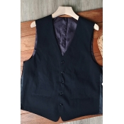 Classic Men's Blazer Vest Pure Color V-Neck Button Fly Suit Vest in Black