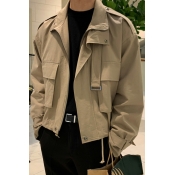 Dashing Jacket Plain Flap Pocket Long Sleeves Spread Collar Loose Zip Fly Jacket for Guys