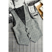Men Leisure Suit Vest Plaid Printed Button down V-Neck Relaxed Fitted Sleeveless Suit Vest in Grey