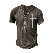 Fashionable Mens Tee Top Cross Print Round Neck Short Sleeve Regular Fitted T-Shirt