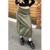 Women Modern Skirt Pure Color Zipper Tube Drawstring Hem Maxi Skirt