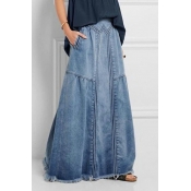 Ladies Basic Skirt Pure Color Raw Edge Front Pocket Bleach Denim Skirt