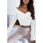 Ladies Chic Knit Top Whole Colored Long Sleeves Cross Wrap Front Off the Shoulder Kint Top