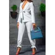 Women Girlish Suit Co-ords Whole Colored Tie Knot Shawl Collar Blazer Ankle Tied Pants Set