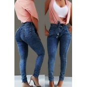 Girlish Women's Jeans Plain Drawstring Pocket Skinny High Waist Jeans