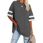 Ladies Simple Tee Shirt Contrast Stripe Half-Sleeved Crew Collar Relaxed T-shirt