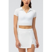 Simple Co-ords Solid Short Sleeve V-Neck Polo Slit Hem Skirts Active Set for Women