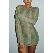 Sexy Womens Dress Solid Round Neck Long Sleeve Backless Hollow Out Mini Dress