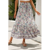 Urbanized Women Skirt Floral Printed High Elastic Waist Drawstring Midi A-Line Skirt