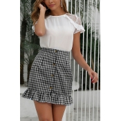 Fashionable Women's Skirts Plaid Pattern Button down Ruffles Mini A-Line Skirts