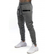 Men Sporty Pants Solid Color Zip Pocket Elastic Waist Banded Cuffs Pants