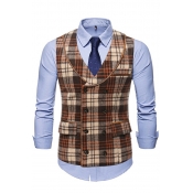 Men Urban Suit Vest Checked Pattern Lapel Collar Double Breasted Suit Vest