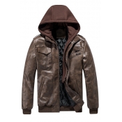 Mens Edgy Jacket Pure Color Pocket Hooded Regular Long Sleeve Zip Placket Leather Jacket