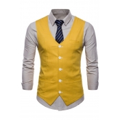 Men Boyish Suit Vest Solid Color V-Neck Single Breasted Front Pocket Suit Vest
