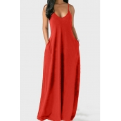Simple Womens Dress Solid Color Oversized Spaghetti Straps Pocket Detail Maxi Dress
