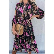 Ladies Street Look Dress Floral Print Long Sleeve Stand Neck Button up Sashes A-Line Dress