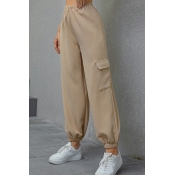 Creative Ladies Pants Solid Color Flap Pocket Loose Long Length High Elastic Waist Pants