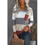 Chic Knitwear Color Block Chest Pocket Long-sleeved Crew Collar Pullover Sweater for Girls