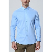 Men Street Style Shirt Plain Point Collar Long Sleeves Regular Button Placket Shirt