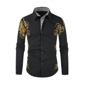 Urban Shirt Bronzing Pattern Turn-down Collar Long Sleeve Skinny Button Fly Shirt for Men