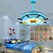 Creative Cartoon Rudder Ceiling Fan Lamp in Blue for Children's Bedroom