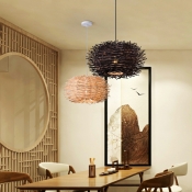 Drum Wood Hanging Pendant Lights Weave Contemporary for Living Room